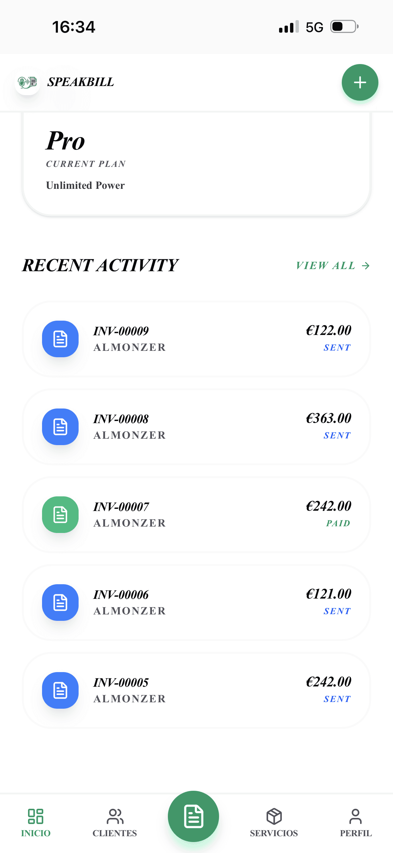 SpeakBill dashboard with recent invoices