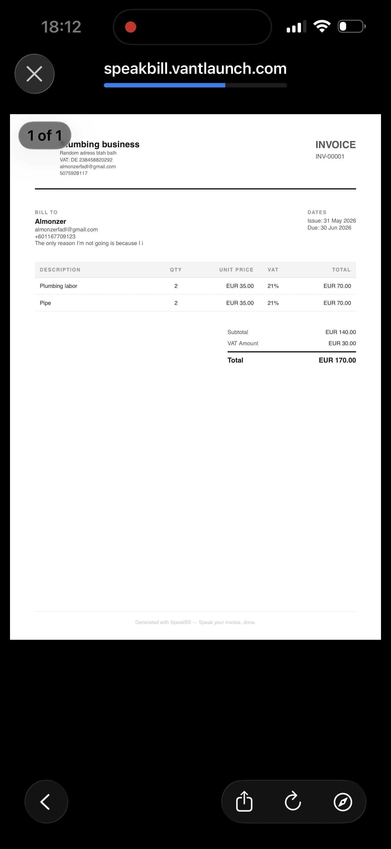 PDF invoice output in SpeakBill