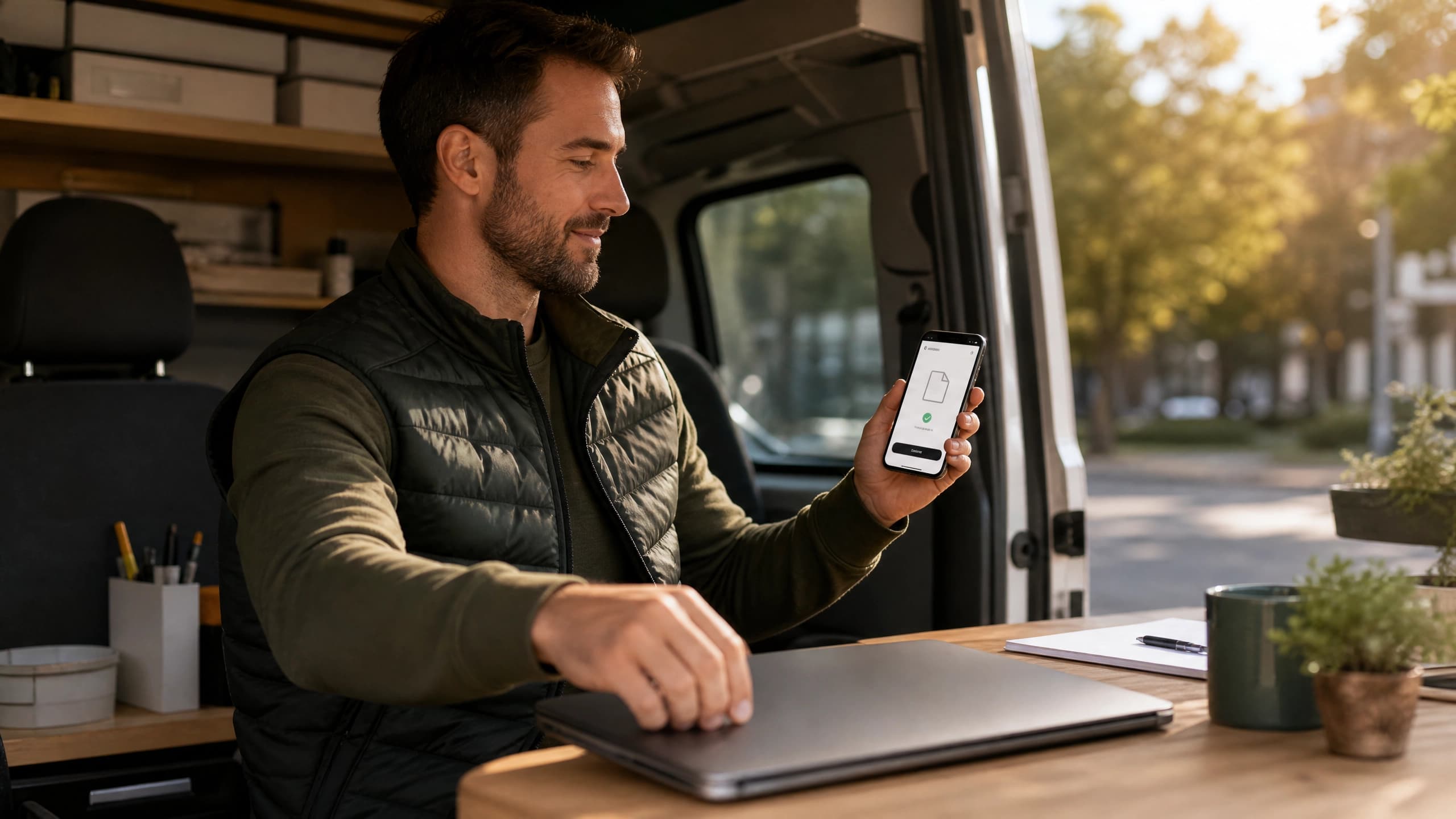 Small business owner ready after sending an invoice