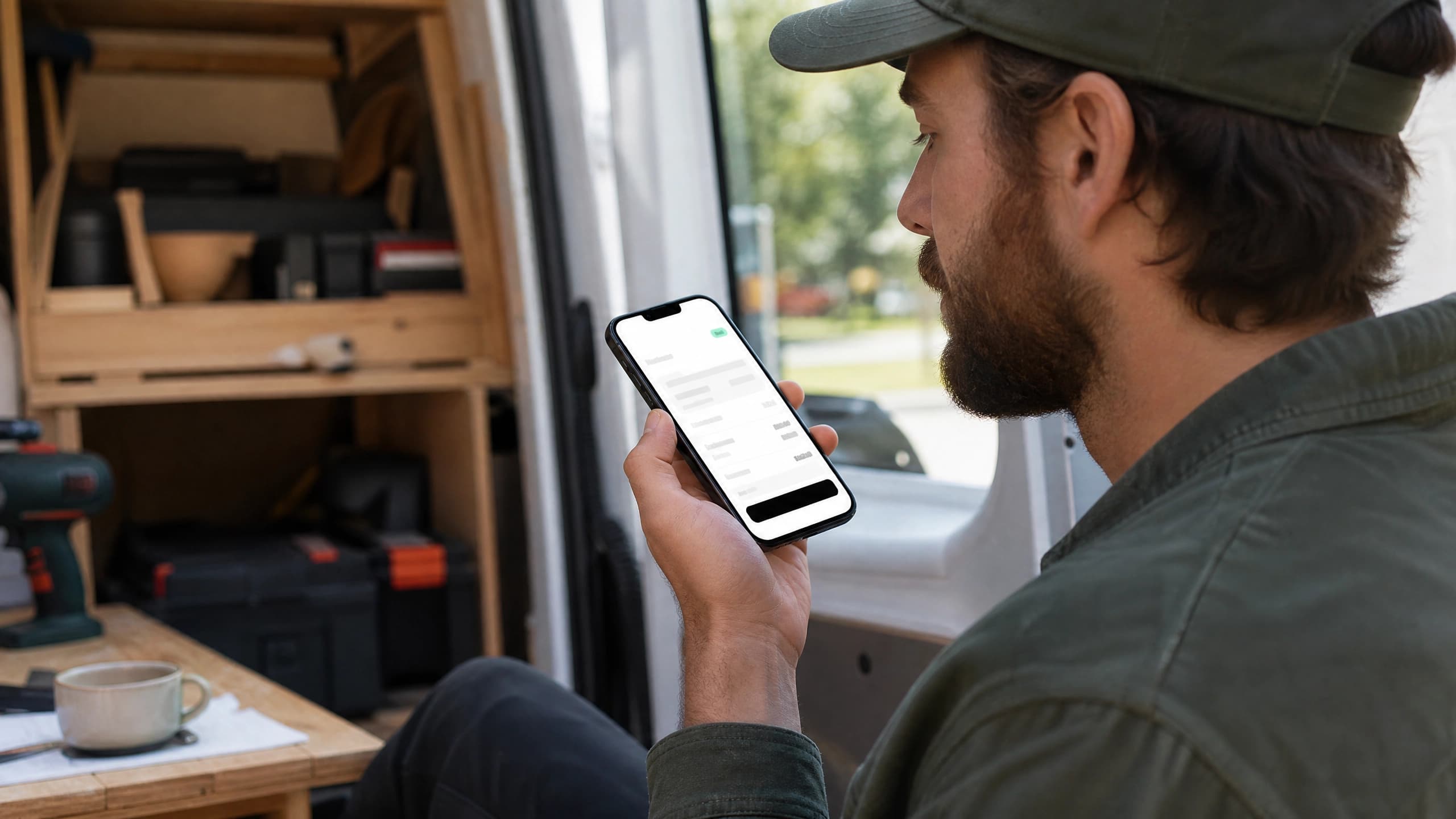 Small business owner creating an invoice by voice on a phone