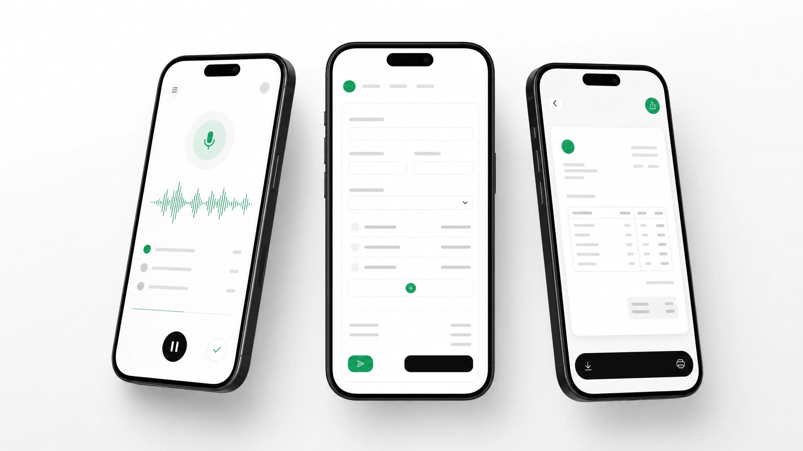 SpeakBill mobile screens showing voice input, invoice review, and PDF preview
