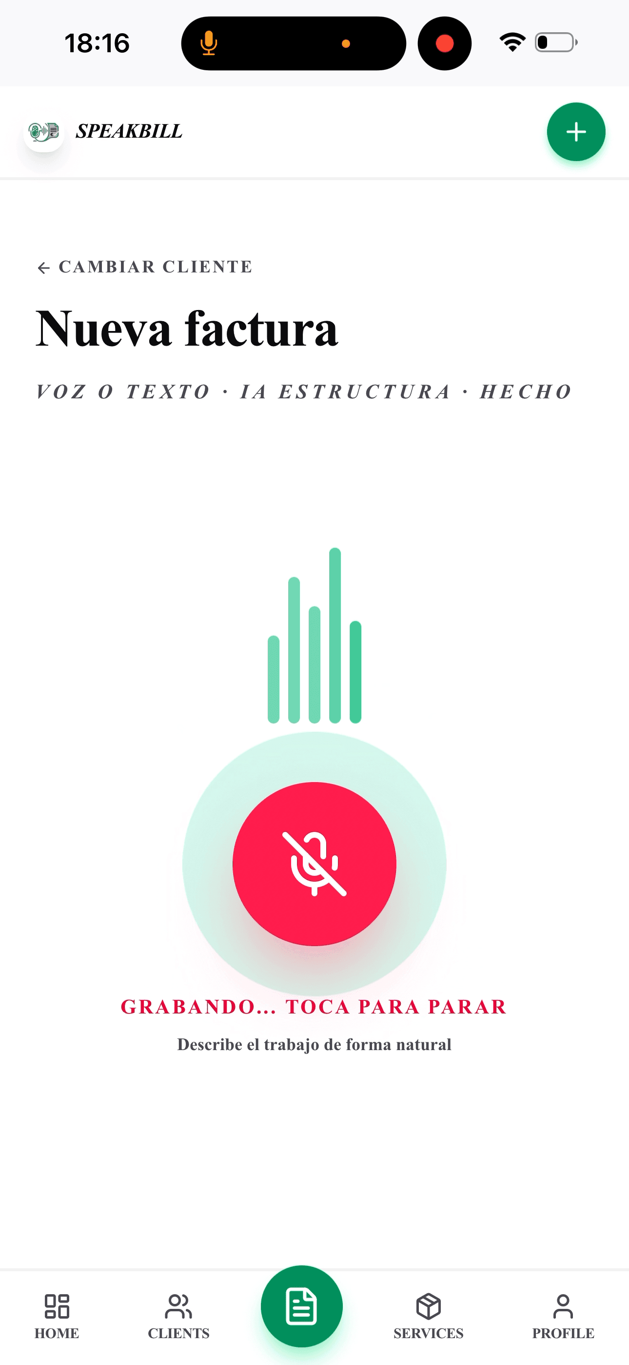 Voice recording page in SpeakBill